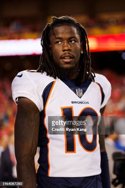 Jerry Jeudy of the Denver Broncos looks on during pregame warmups prior to an NFL football game against the Kansas City Chiefs at GEHA Field at...