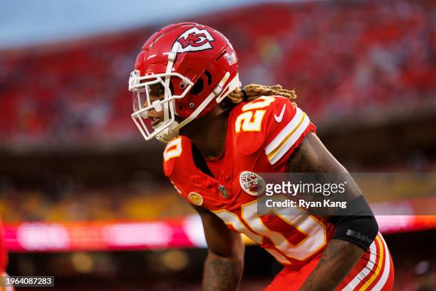 Justin Reid of the Kansas City Chiefs defends in coverage during pregame warmups prior to an NFL football game against the Denver Broncos at GEHA...