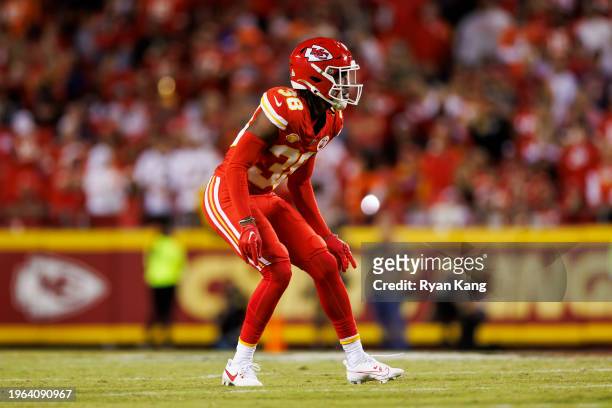 Jarius Sneed of the Kansas City Chiefs defends in coverage during an NFL football game against the Denver Broncos at GEHA Field at Arrowhead Stadium...