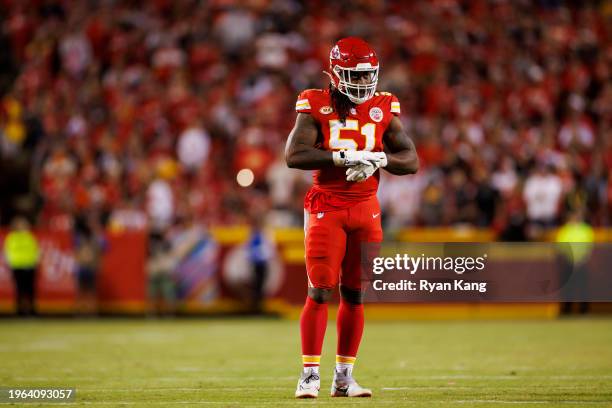 Mike Danna of the Kansas City Chiefs lines up to run around the edge during an NFL football game against the Denver Broncos at GEHA Field at...