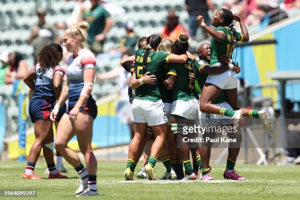 South Africa celebrate winning the 2024 Perth SVNS women's match between South Africa and Great Britain at HBF Park on January 27, 2024 in Perth,...