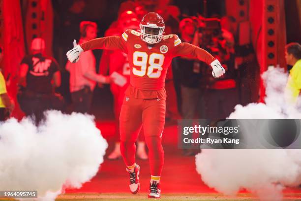 Tershawn Wharton of the Kansas City Chiefs celebrates as he runs onto the field during team entrances prior to an NFL football game against the...