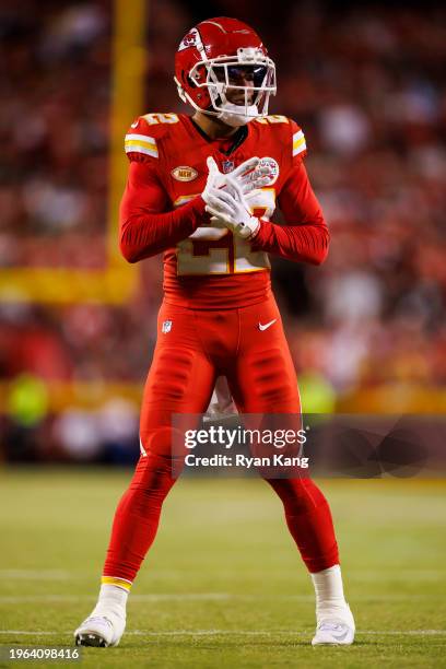 Trent McDuffie of the Kansas City Chiefs defends in coverage during an NFL football game against the Denver Broncos at GEHA Field at Arrowhead...