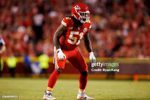 Mike Danna of the Kansas City Chiefs defends in coverage during an NFL football game against the Denver Broncos at GEHA Field at Arrowhead Stadium on...