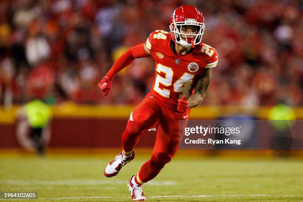 Skyy Moore of the Kansas City Chiefs runs a route during an NFL football game against the Denver Broncos at GEHA Field at Arrowhead Stadium on...