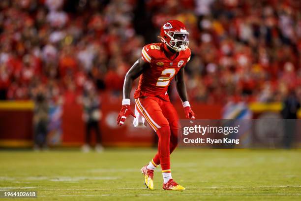 Joshua Williams of the Kansas City Chiefs defends in coverage during an NFL football game against the Denver Broncos at GEHA Field at Arrowhead...