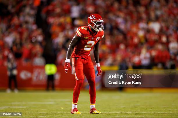 Joshua Williams of the Kansas City Chiefs defends in coverage during an NFL football game against the Denver Broncos at GEHA Field at Arrowhead...
