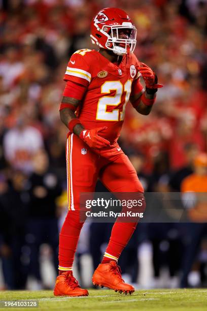 Mike Edwards of the Kansas City Chiefs defends in coverage during an NFL football game against the Denver Broncos at GEHA Field at Arrowhead Stadium...