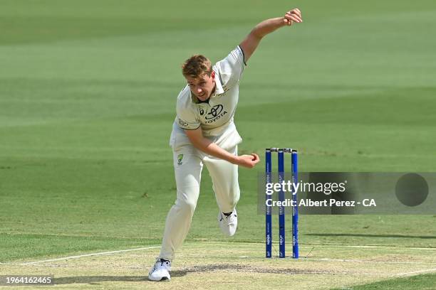 Cameron Green of Australia bowls during day three the Second Test match in the series between Australia and West Indies at The Gabba on January 27,...