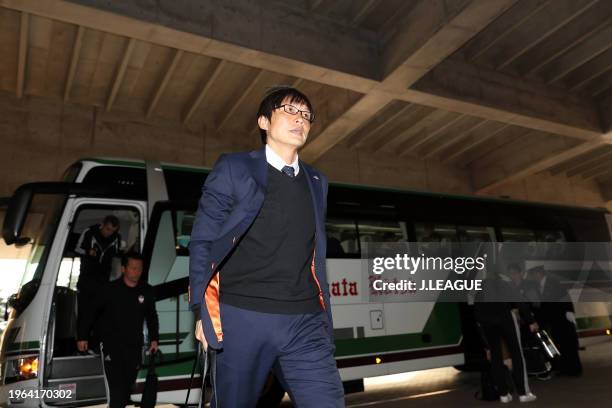 Head coach Fumitake Miura of Albirex Niigata is seen on arrival at the stadium prior to the J.League YBC Levain Cup Group B match between Albirex...