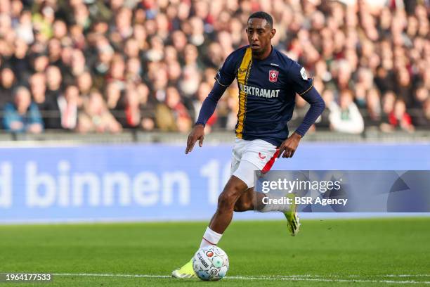 Joshua Brenet of FC Twente runs with the ball during the Dutch Eredivisie match between Feyenoord and FC Twente at Stadion Feijenoord on January 28,...