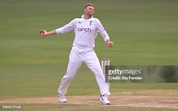 England bowler Joe Root in bowling actio during day three of the 1st Test Match between India and England at Rajiv Gandhi International Stadium on...