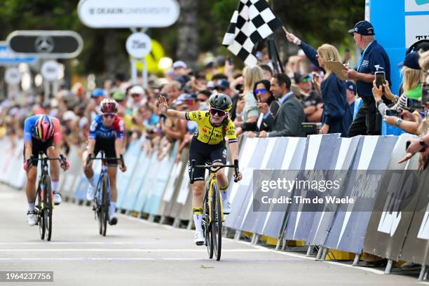 Rosita Reijnhout of The Netherlands and Team Visma Lease A Bike Women celebrates at finish line as race winner ahead of Dominika Wlodarczyk of Poland...