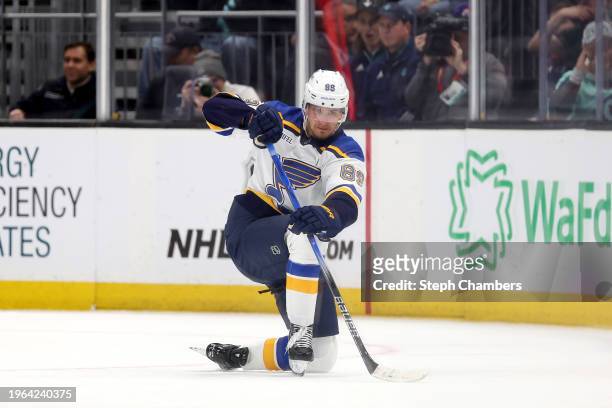 Pavel Buchnevich of the St. Louis Blues celebrates his game-winning goal in overtime against the Seattle Kraken at Climate Pledge Arena on January...