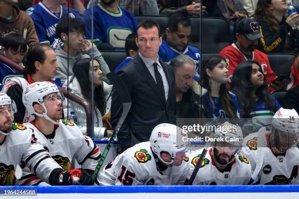 Chicago Blackhawks head coach Luke Richardson looks on during the second period of their NHL game against the Vancouver Canucks at Rogers Arena on...