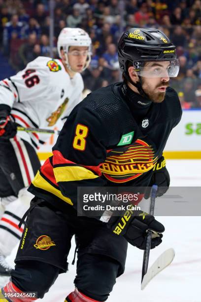 Conor Garland of the Vancouver Canucks skates up ice during the first period of their NHL game against the Chicago Blackhawks at Rogers Arena on...