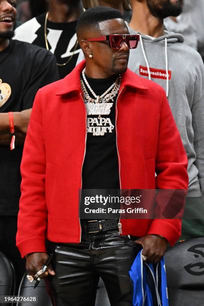 Rapper Boosie Badazz attends the game between the Dallas Mavericks and the Atlanta Hawks at State Farm Arena on January 26, 2024 in Atlanta, Georgia....