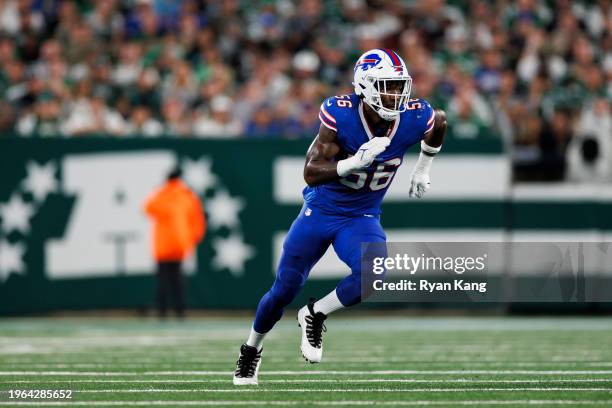 Leonard Floyd of the Buffalo Bills runs around the edge during an NFL football game against the New York Jets at MetLife Stadium on September 11,...