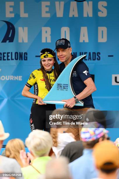 Rosita Reijnhout of The Netherlands and Team Visma Lease A Bike Women celebrates at podium as race winner with Cadel Evans of Australia Ex-...