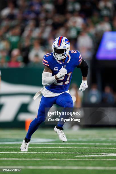 Jordan Poyer of the Buffalo Bills defends in coverage during an NFL football game against the New York Jets at MetLife Stadium on September 11, 2023...