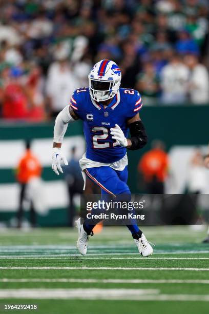 Jordan Poyer of the Buffalo Bills defends in coverage during an NFL football game against the New York Jets at MetLife Stadium on September 11, 2023...