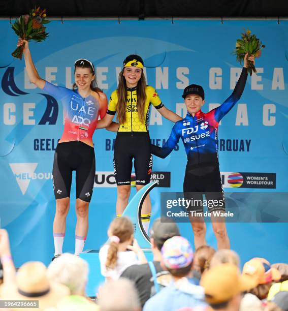 Dominika Wlodarczyk of Poland and UAE Team Adq on second place, race winner Rosita Reijnhout of The Netherlands and Team Visma Lease A Bike Women and...