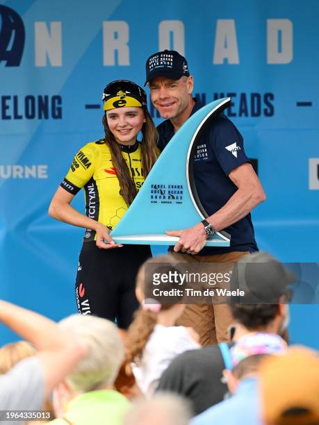 Rosita Reijnhout of The Netherlands and Team Visma Lease A Bike Women celebrates at podium as race winner with Cadel Evans of Australia Ex-...