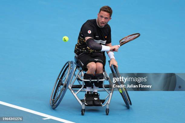 Alfie Hewett of Great Britain plays a backhand in their Men's Wheelchair Singes Final match against Tokito Oda of Japan during the 2024 Australian...