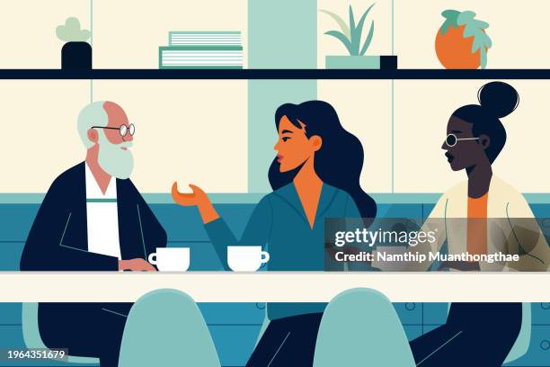 working at office illustration concept shows a small group of colleagues discussing on the table in the meeting room via face by face. - laptop flat stock pictures, royalty-free photos & images