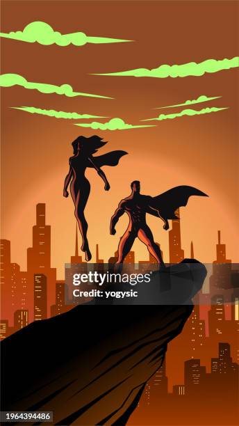 vector superhero couple silhouette looking at far away silhouette in a city stock illustration - female superhero stock illustrations