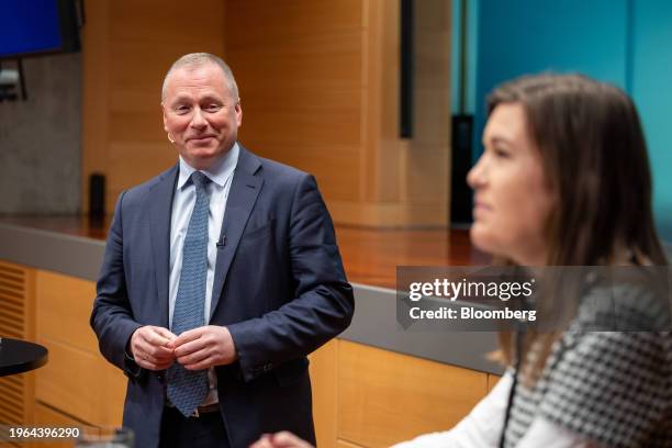 Nicolai Tangen, chief executive officer of Norges Bank Investment Management, left, during a news conference in Oslo, Norway, on Tuesday, Jan. 30,...