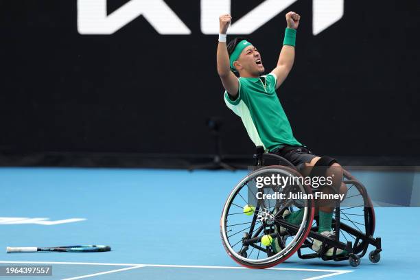 Tokito Oda of Japan celebrates winning championship point in their Men's Wheelchair Singes Final match against Alfie Hewett of Great Britain during...