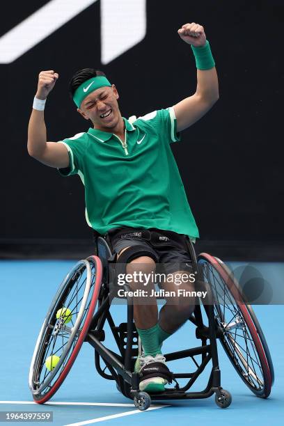 Tokito Oda of Japan celebrates winning championship point in their Men's Wheelchair Singes Final match against Alfie Hewett of Great Britain during...