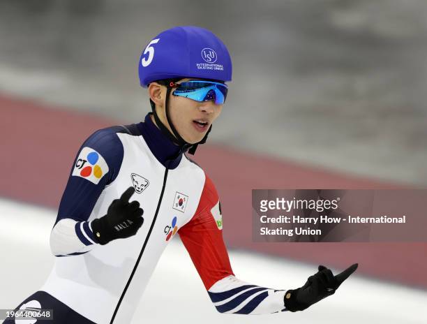 Jae-Won Chung of South Korea celebrates a first place finish in the Mass Start Men Division A during the ISU World Cup Speed Skating at Utah Olympic...