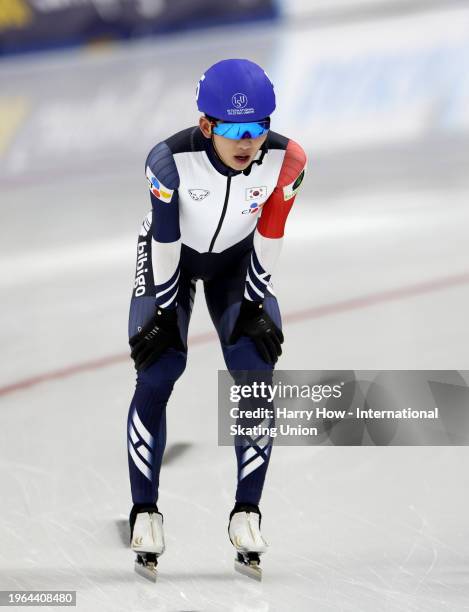 Jae-Won Chung of South Korea reacts a first place finish in the Mass Start Men Division A during the ISU World Cup Speed Skating at Utah Olympic Oval...