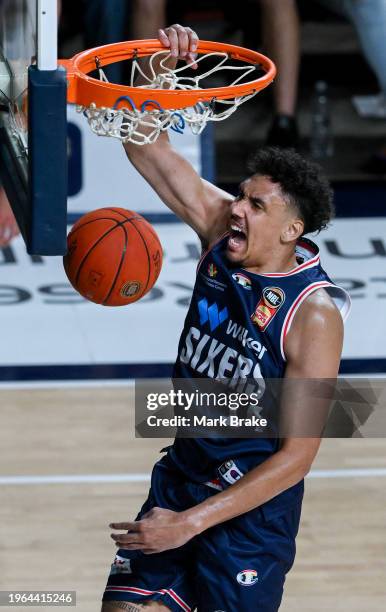 Kyrin Galloway of the 36ers slam dunks during the round 17 NBL match between Adelaide 36ers and Cairns Taipans at Adelaide Entertainment Centre, on...