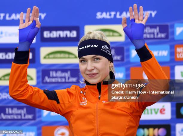 Joy Beune of The Netherlands reacts to her first place finish on the podium after the 3000m Women Division A during the ISU World Cup Speed Skating...