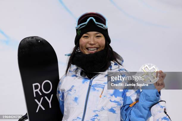 Chloe Kim of the USA poses with the gold medal after winning the Monster Energy Women's Snowboard SuperPipe Final on day 1 of the X Games Aspen 2024...