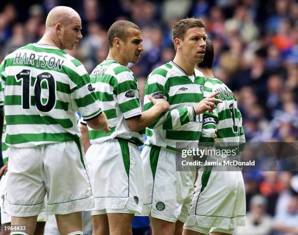 Celtic players John Hartson, Henrik Larsson, Alan Thompson and Jackie McNamara line up in a defensive wall during the Bank of Scotland Scottish...