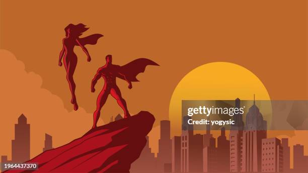 vector vintage art deco superhero couple looking at far away silhouette in a city stock illustration - heroine stock illustrations