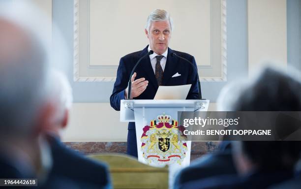 King Philippe - Filip of Belgium delivers a speech at a New Year's reception organized by the Royal Family for the Belgian federal and regional...