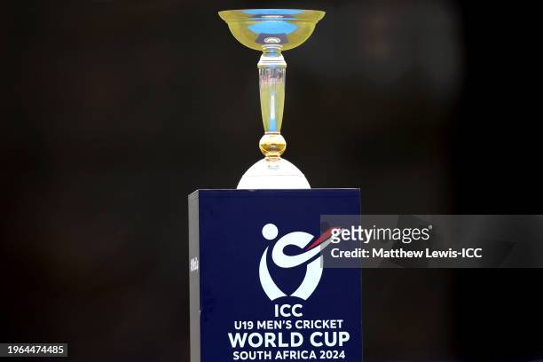 Detailed view of the ICC U19 Men's Cricket World Cup trophy prior to the ICC U19 Men's Cricket World Cup South Africa 2024 match between Zimbabwe and...
