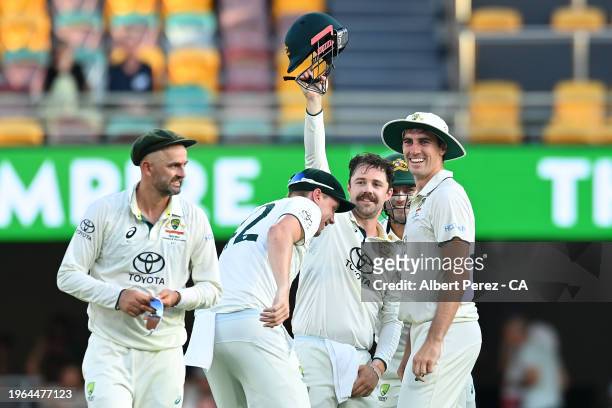 Travis Head of Australia celebrates running out Kavem Hodge of West Indies during day three the Second Test match in the series between Australia and...
