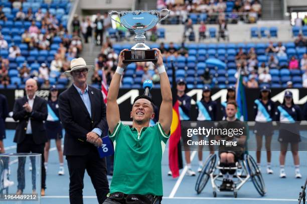 Tokito Oda of Japan poses with the trophy in the Men's Wheelchair Singes Final match against Alfie Hewett of Great Britain during day fourteen of the...