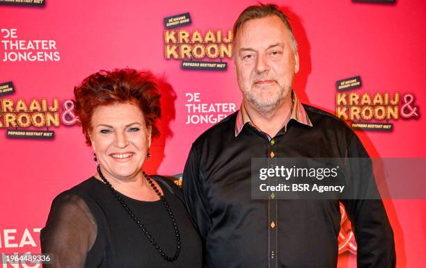 Marjolijn Touw with partner Roy attends the Theater show Kraaij & Kroon at Schouwburg on January 29, 2024 in Amstelveen, Netherlands.