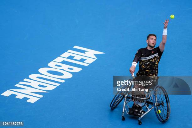 Alfie Hewett of Great Britain serves in the Men's Wheelchair Singes Final match against Tokito Oda of Japan during day fourteen of the 2024...