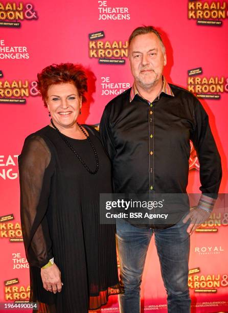 Marjolijn Touw with partner Roy attends the Theater show Kraaij & Kroon at Schouwburg on January 29, 2024 in Amstelveen, Netherlands.