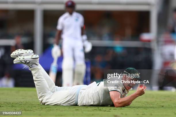 Cameron Green of Australia takes a catch to dismiss Joshua Da Silva of West Indies during day three the Second Test match in the series between...