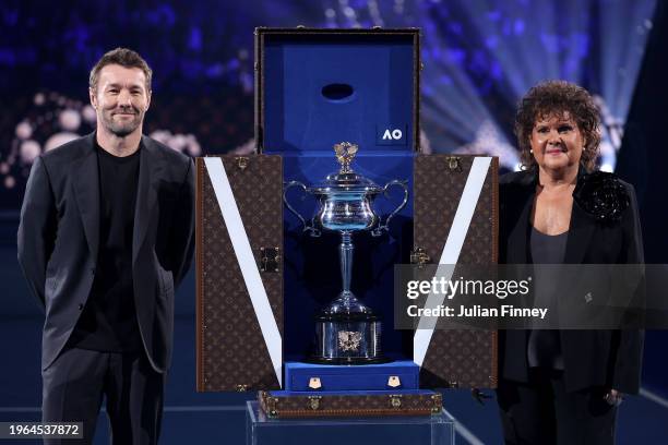 The Daphne Akhurst Memorial Cup arrives in the Louis Vuitton trophy trunk, as Joel Edgerton and Evonne Goolagong Cawley reveal the trophy prior to...