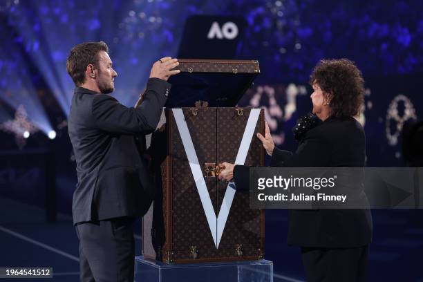 The Daphne Akhurst Memorial Cup arrives in the Louis Vuitton trophy trunk, as Joel Edgerton and Evonne Goolagong Cawley reveal the trophy prior to...